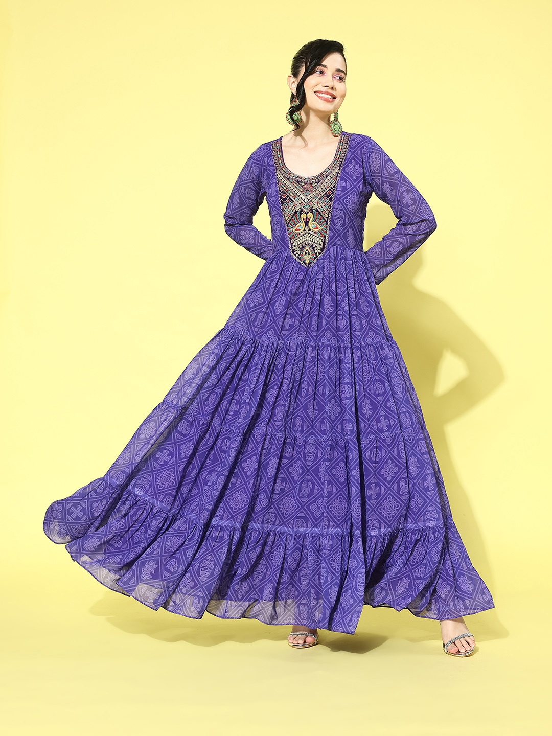 

Kvsfab Ethnic Motifs Embroidered Georgette A-Line Maxi Dress, Purple