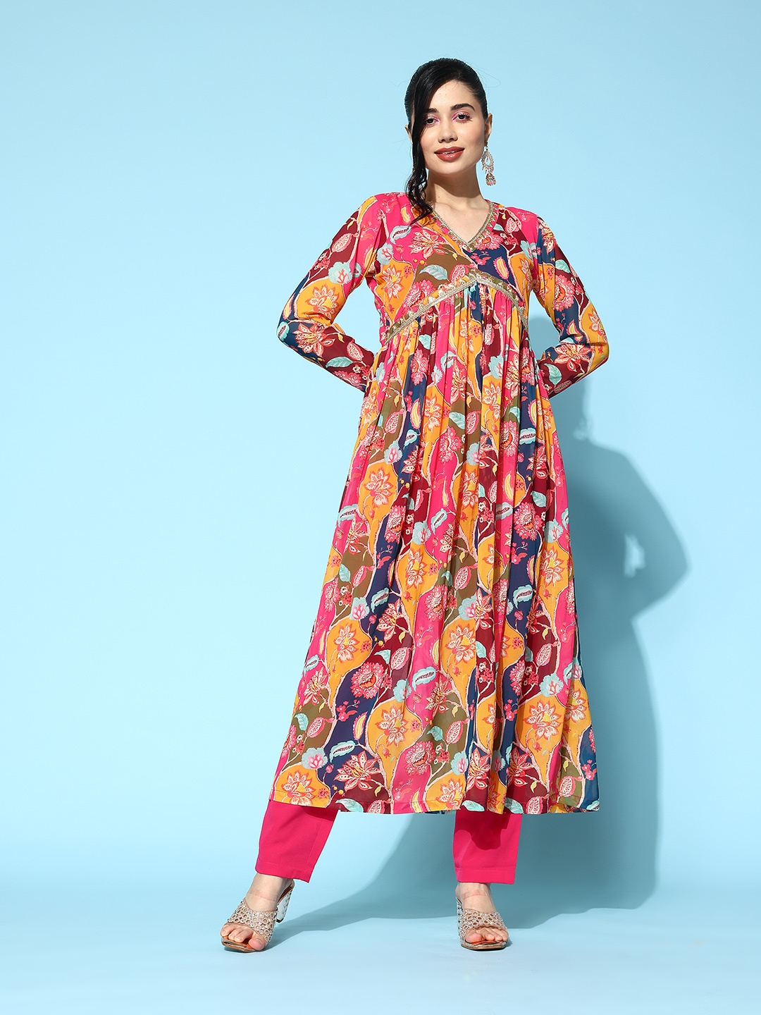 

Kvsfab Women Floral Embroidered Pleated Kurta with Trousers, Multi