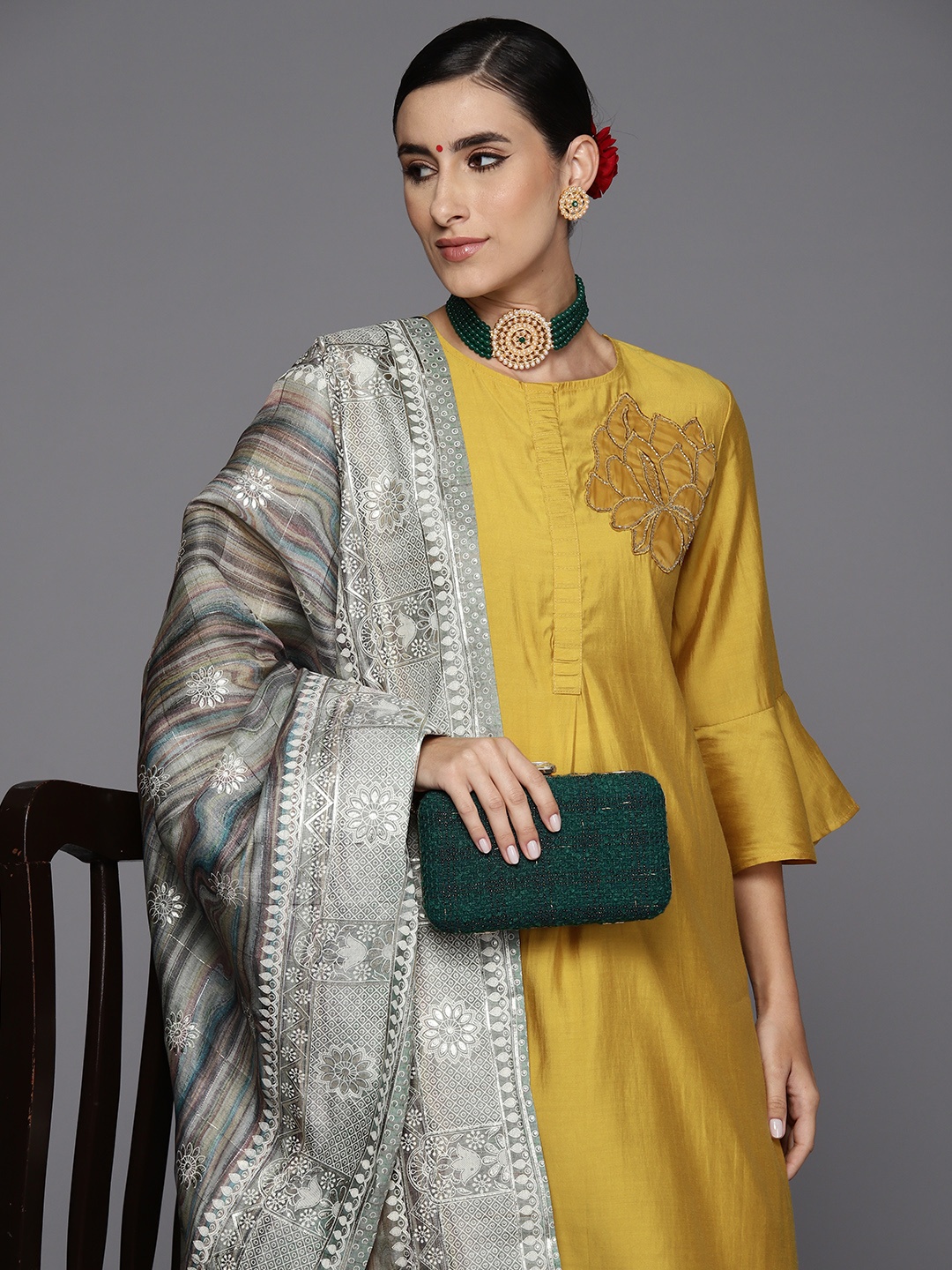 

Indo Era Women Ethnic Motifs Embroidered Patchwork Kurta with Trousers & With Dupatta, Mustard