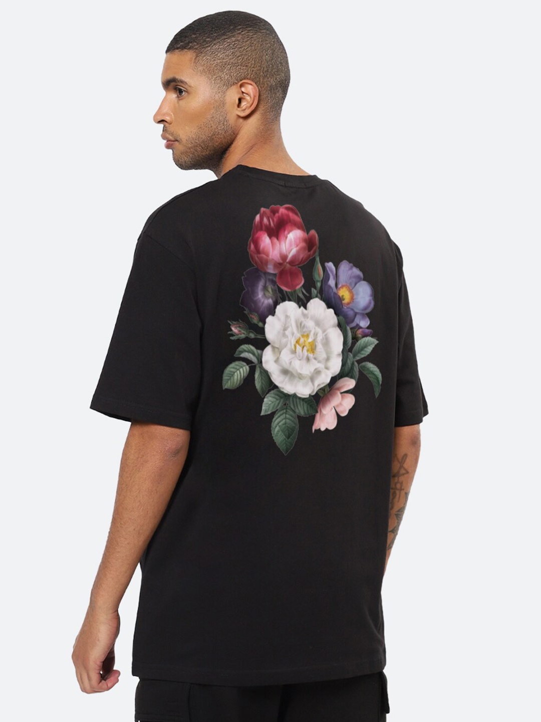 

Mad Over Print Floral Printed Round Neck Oversized Fit Cotton T-Shirt, Black