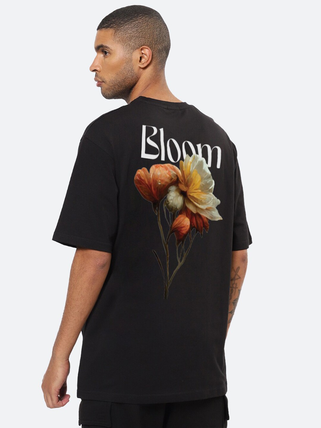 

Mad Over Print Floral Printed Round Neck Oversized Fit Cotton T-Shirt, Black