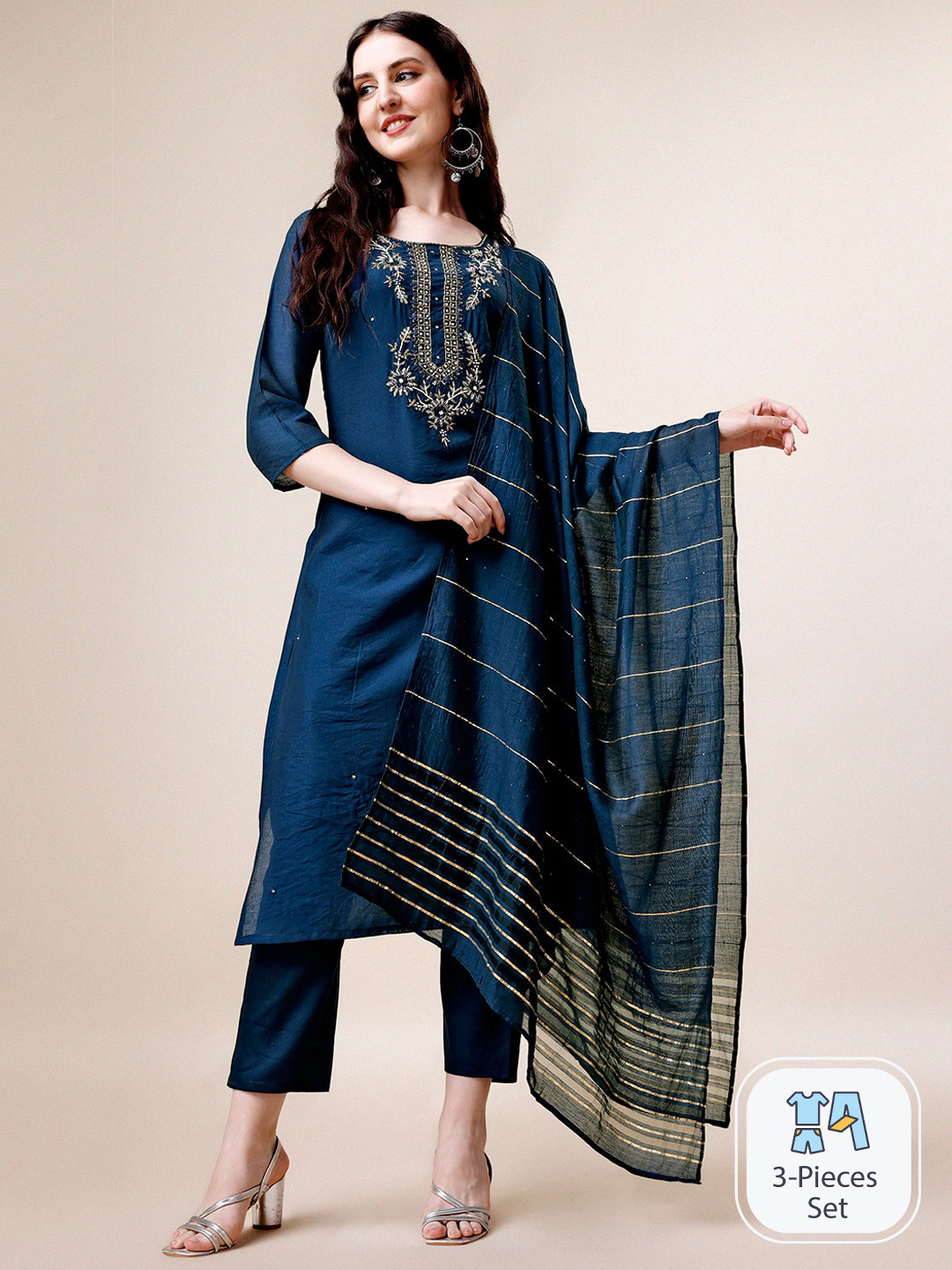 

Berrylicious Floral Embroidered Regular Thread Work Kurta & Trousers With Dupatta, Navy blue