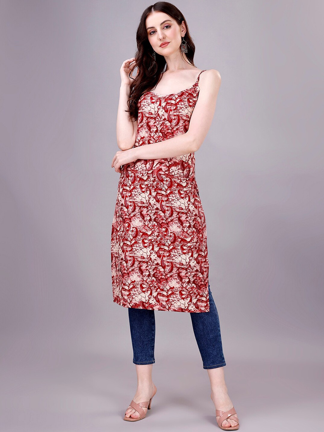 

GORGONE Foil Work Abstract Print Kurta, Red