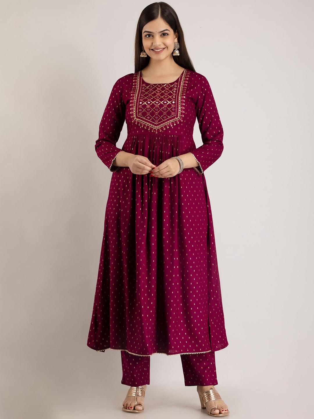 

Mizaz Ethnic Motifs Printed Mirror Work Regular Kurta with Trousers, Maroon