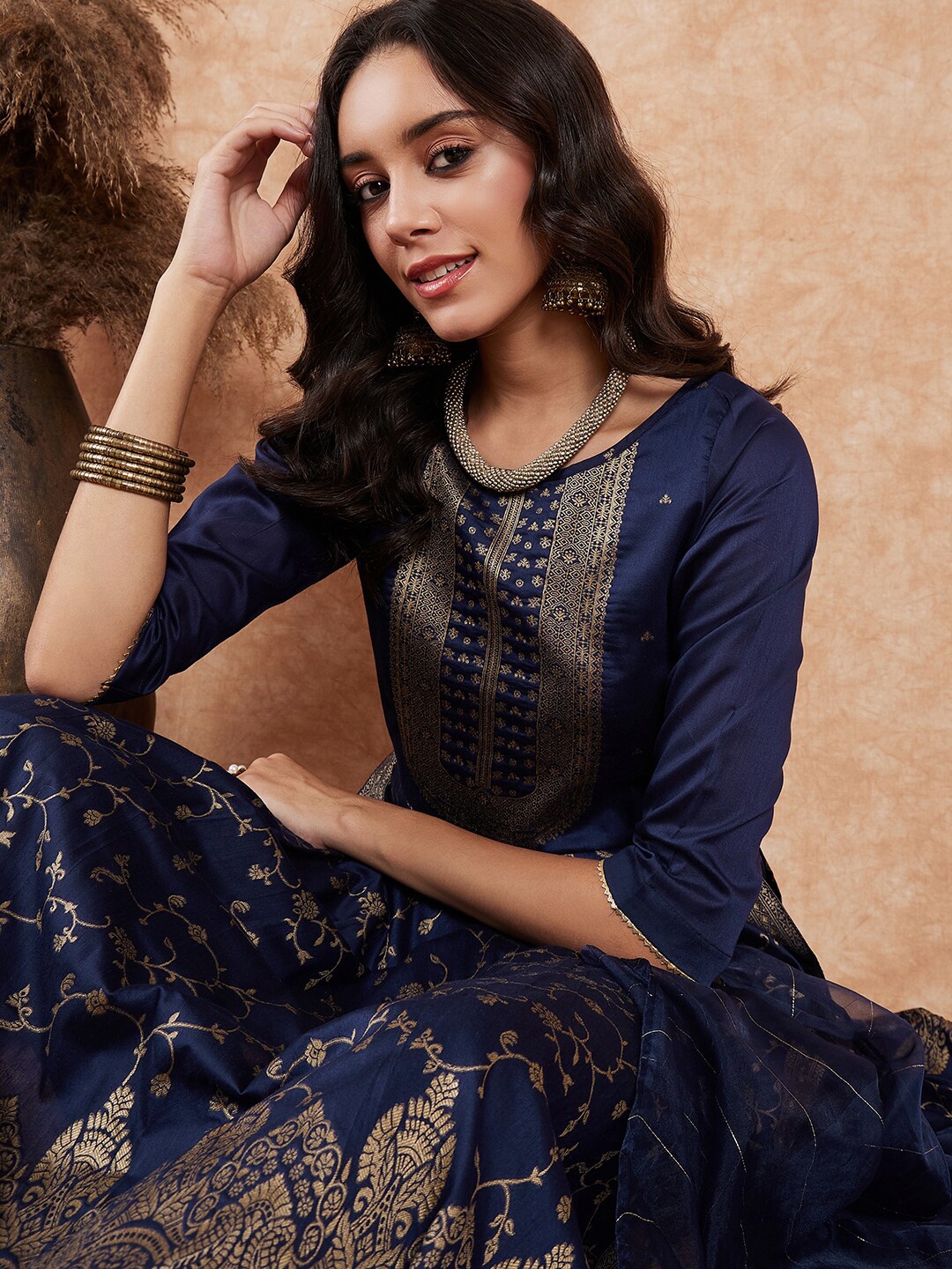 

Sangria Floral Foil Printed Zari A-Line Kurta & Trouser With Dupatta, Blue