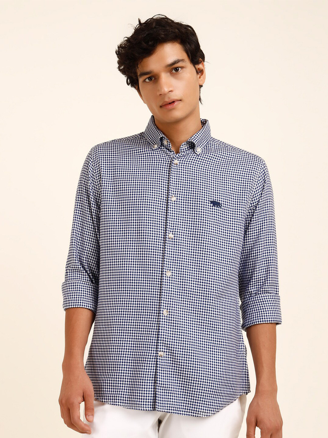 

Andamen Micro Checks Premium Slim Fit Cotton Casual Shirt, Navy blue