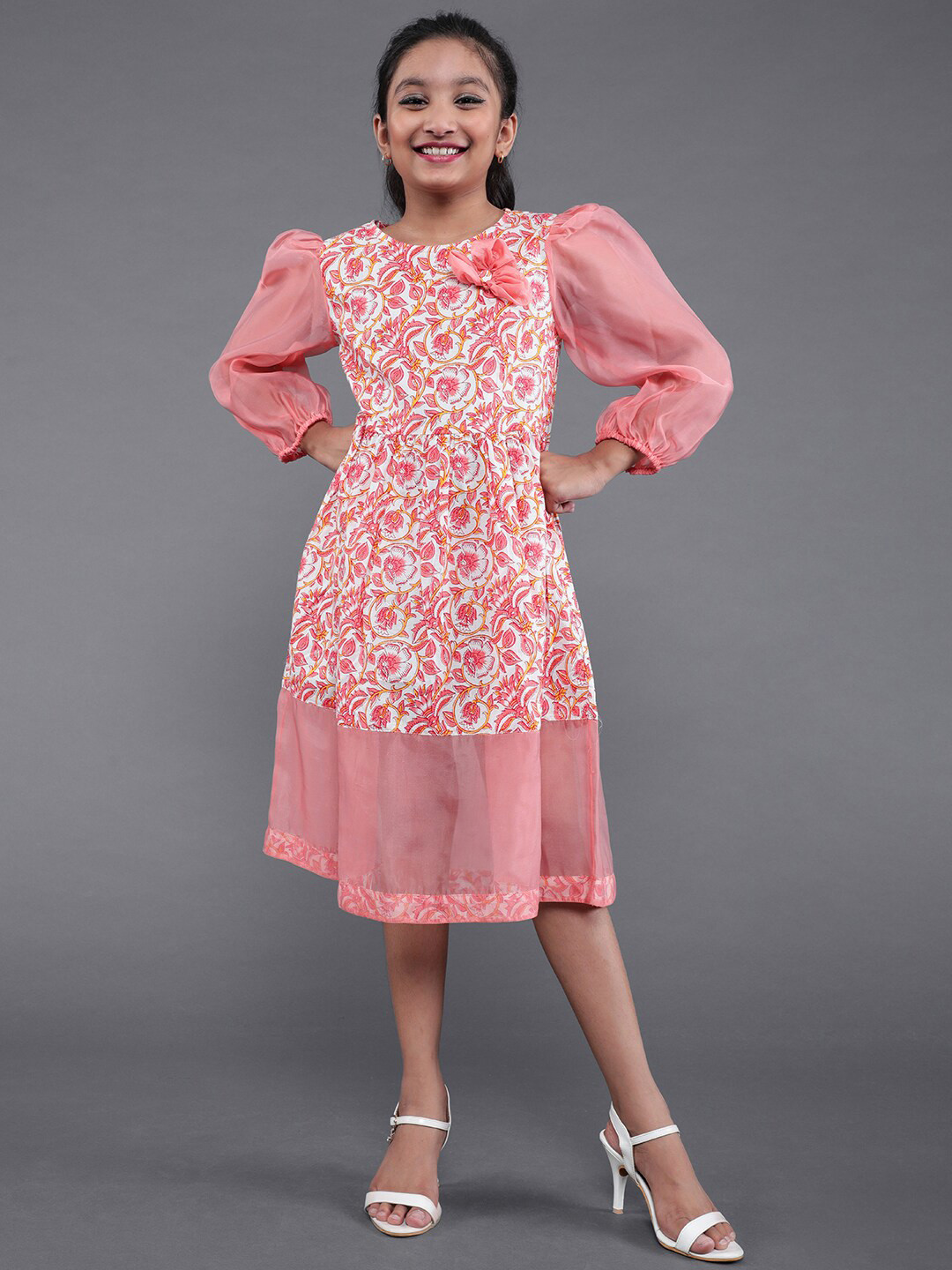 

Aks Kids Girls Floral Printed Puff Sleeves Cotton A-Line Dress, Pink