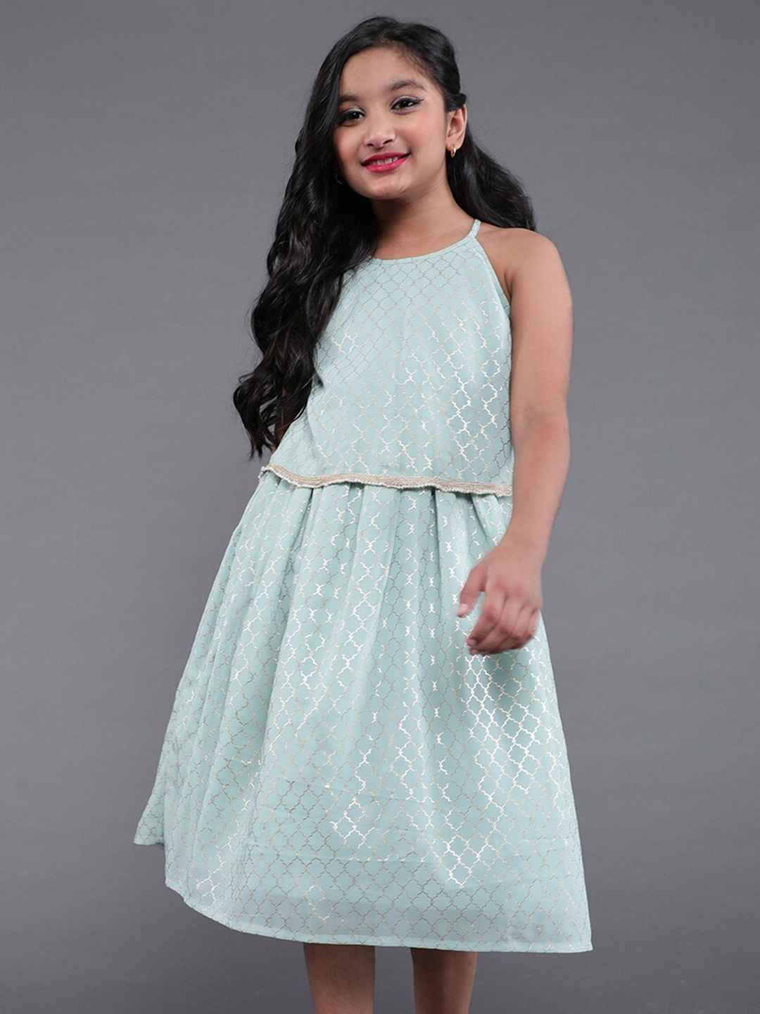 

Aks Kids Girls Self Design Shoulder Strap Layered Georgette A-Line Midi Dress, Sea green