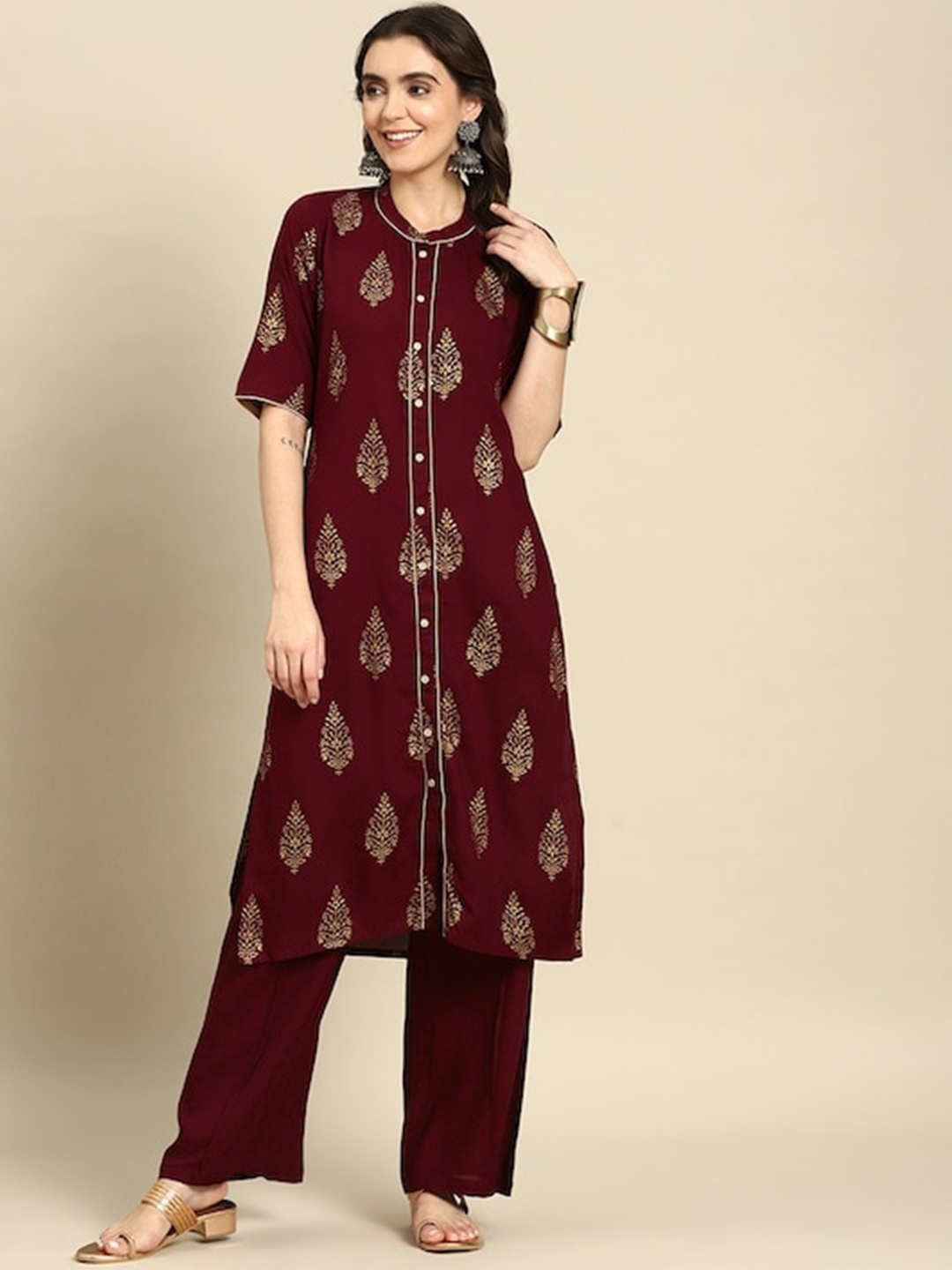 

HERE&NOW Floral Printed Regular Kurta With Palazzos, Maroon