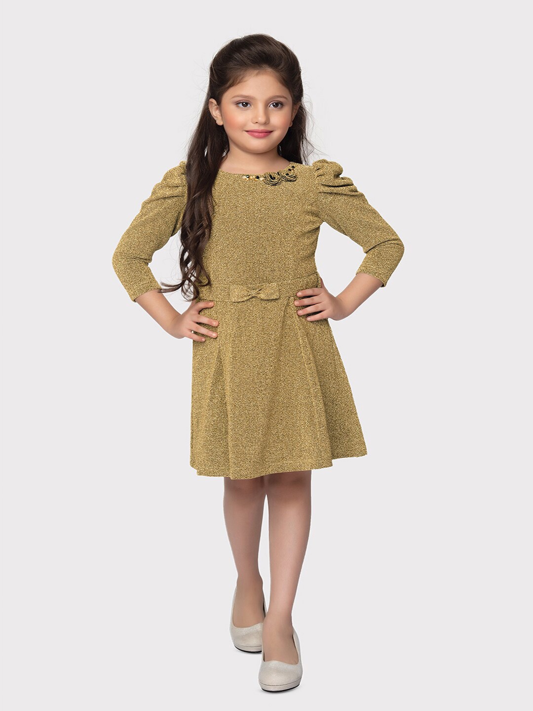 

Tiny Baby Girls Puff Sleeves A-line Dress & Belt, Gold