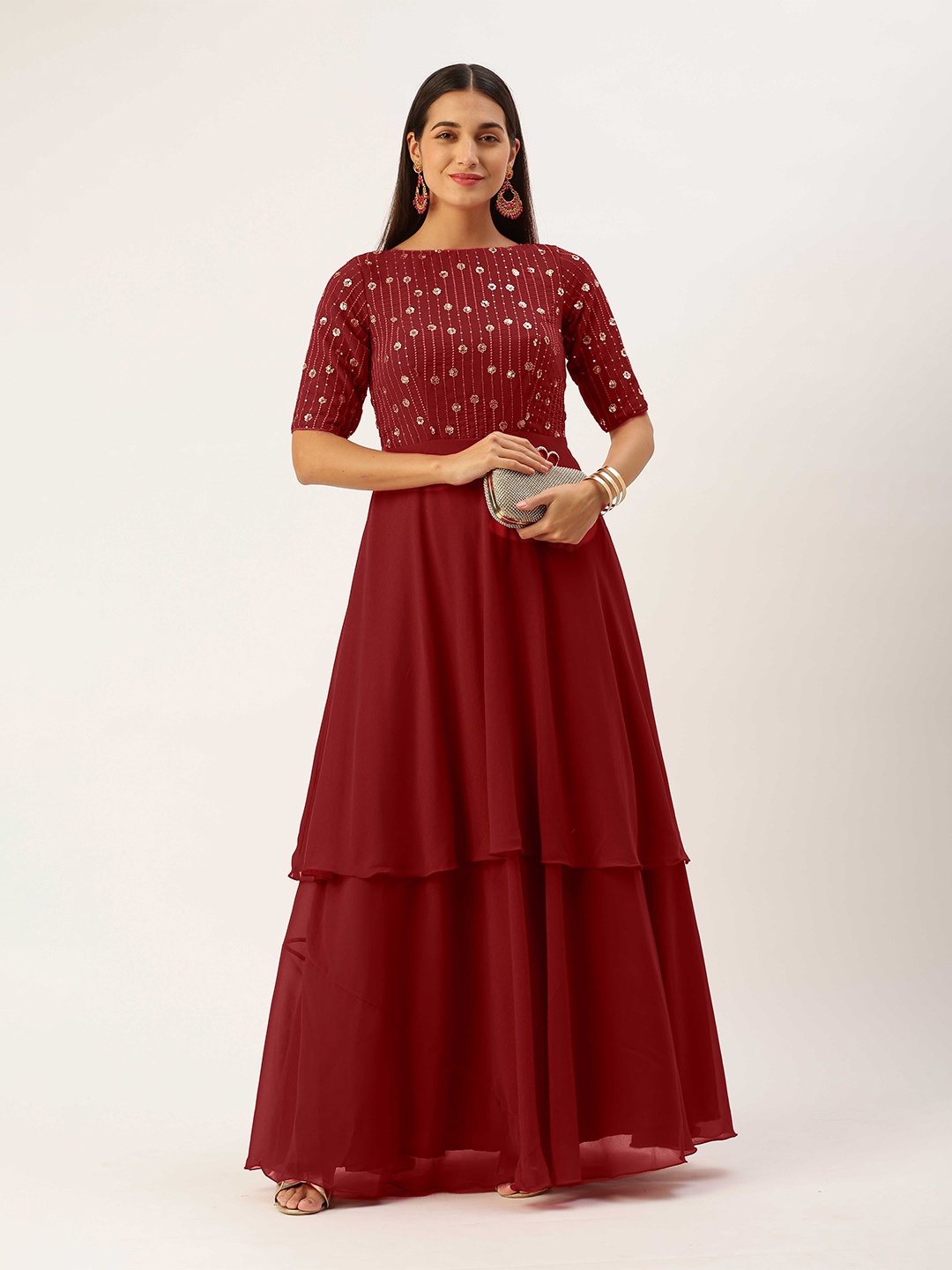 

Ethnovog Embellished Boat Neck Georgette Maxi Ethnic Dress, Red