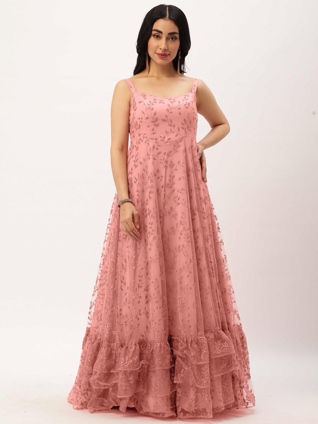 

Ethnovog Embellished Shoulder Straps Net Maxi Dress, Pink