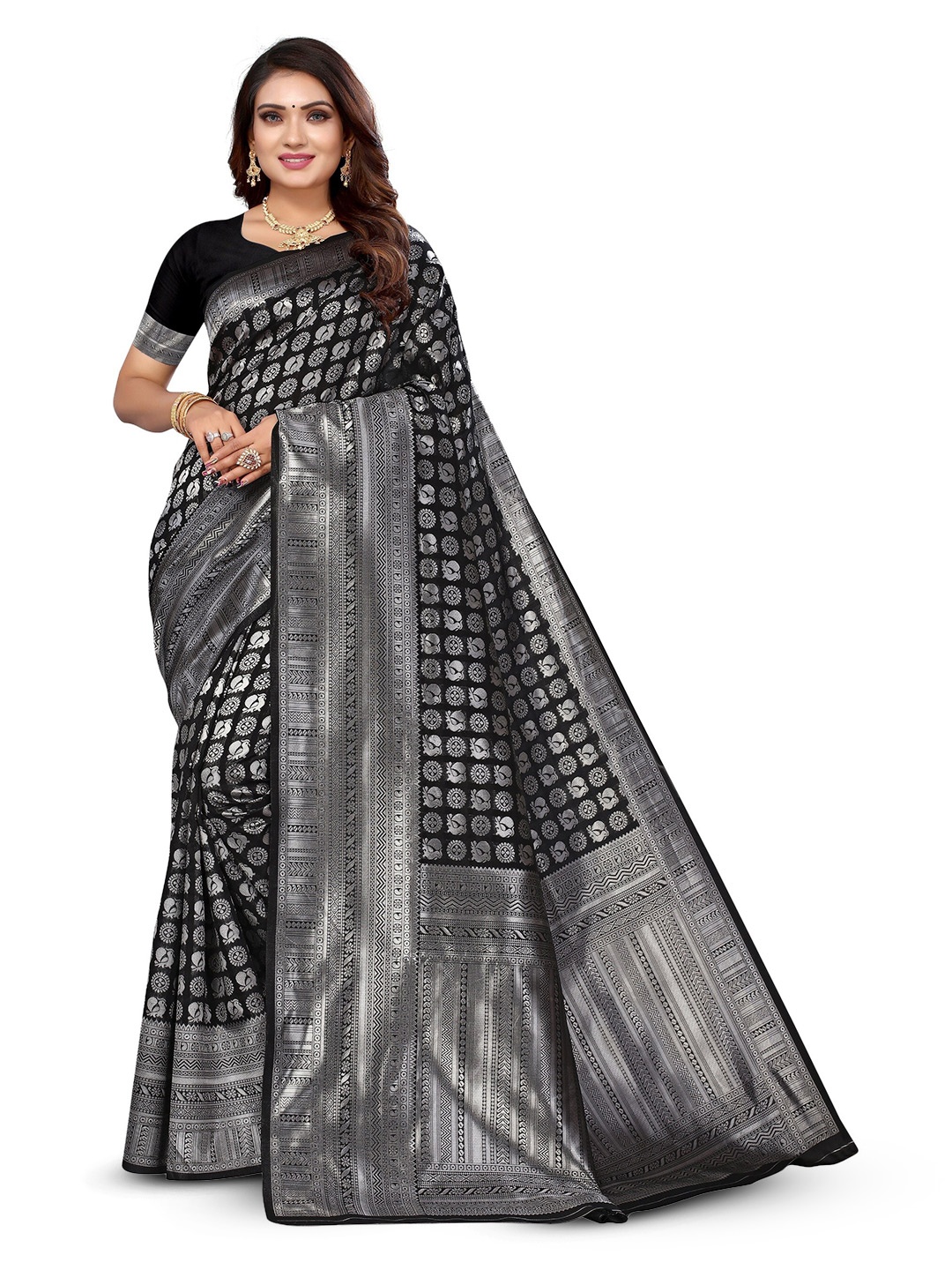 

Varanga Ethnic Motifs Woven Design Zari Banarasi Saree, Black