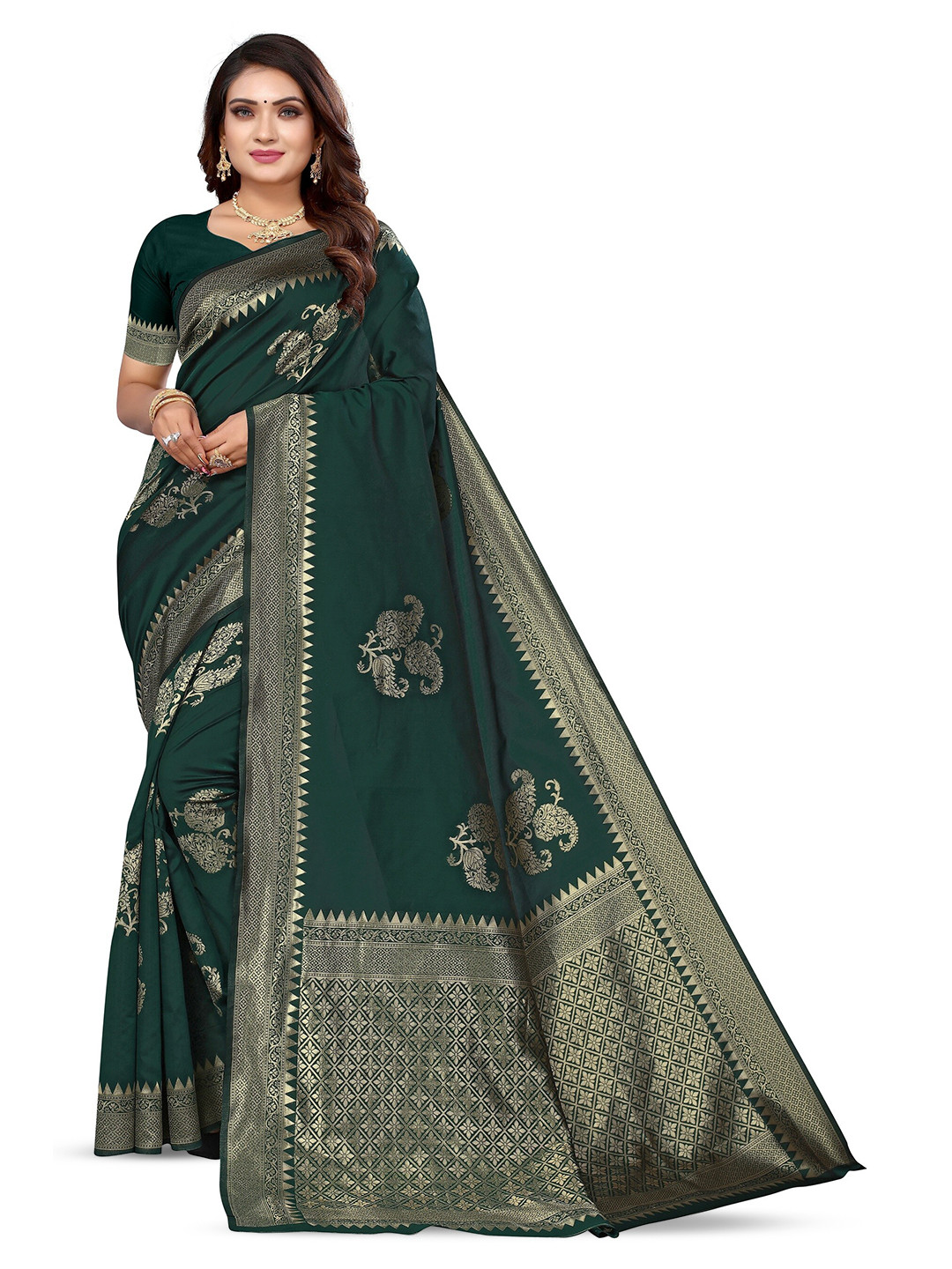 

Varanga Ethnic Motifs Woven Design Zari Banarasi Saree, Green