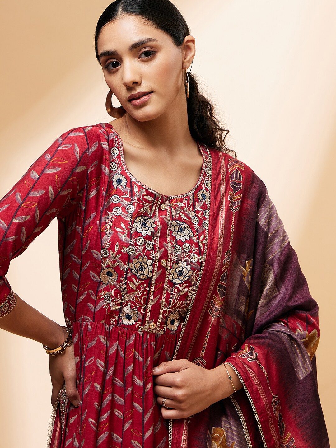 

all about you Ethnic Motifs Printed Kurta With Trousers & Dupatta, Maroon