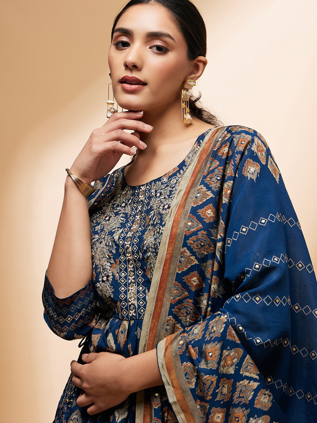 

all about you Ethnic Motifs Printed Kurta With Trousers & Dupatta, Blue