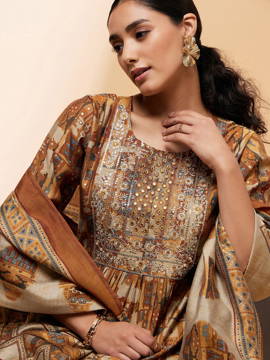 

all about you Ethnic Motifs Printed Sequinned A Line Kurta With Trousers & Dupatta, Brown