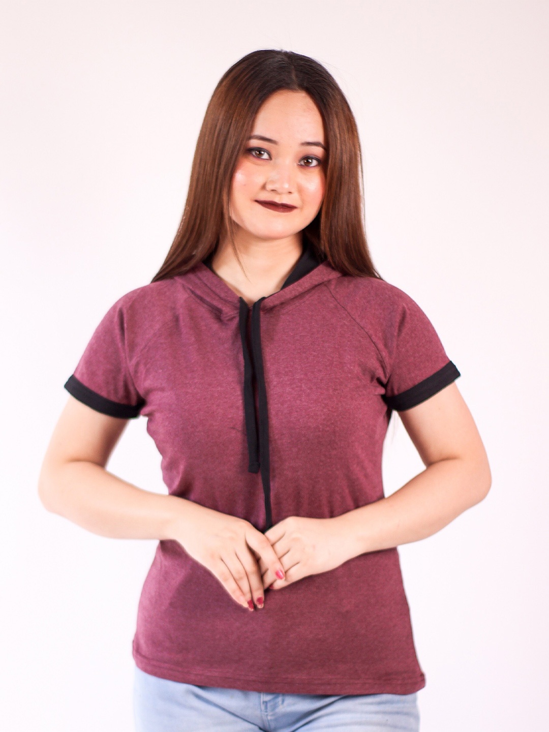 

Fasha Women Hooded Raglan Sleeves Cotton Casual T-shirt, Maroon