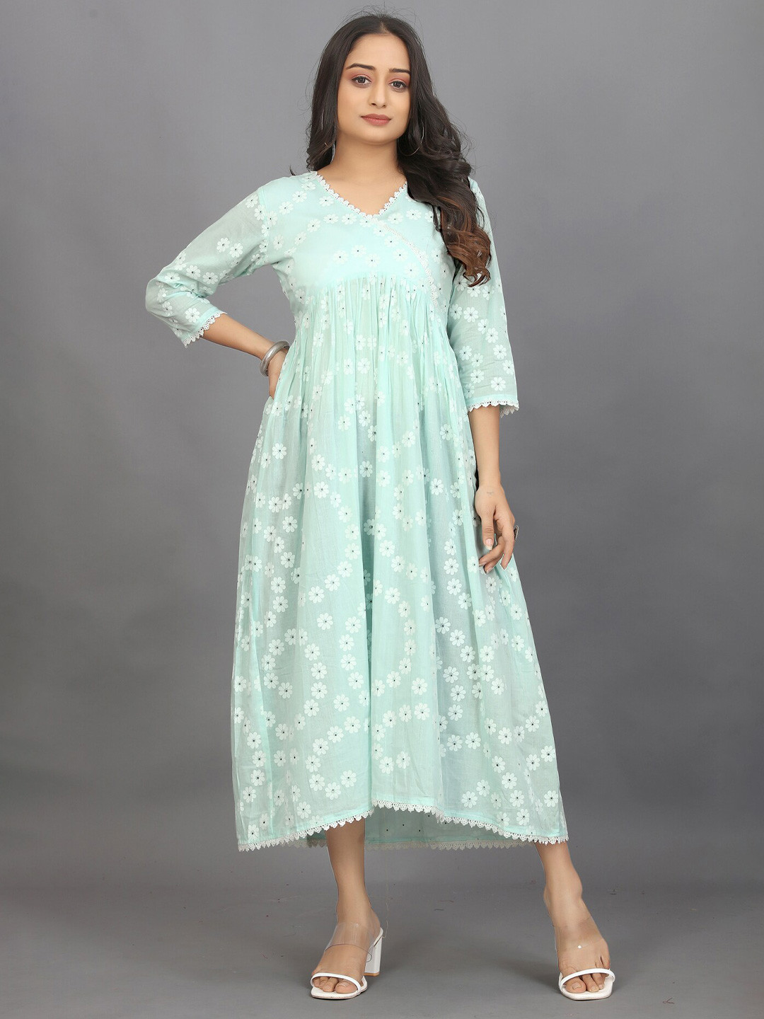 

Pari THE FASHION STUDIO Floral Printed V-Neck Fit & Flare Midi Dress, Sea green