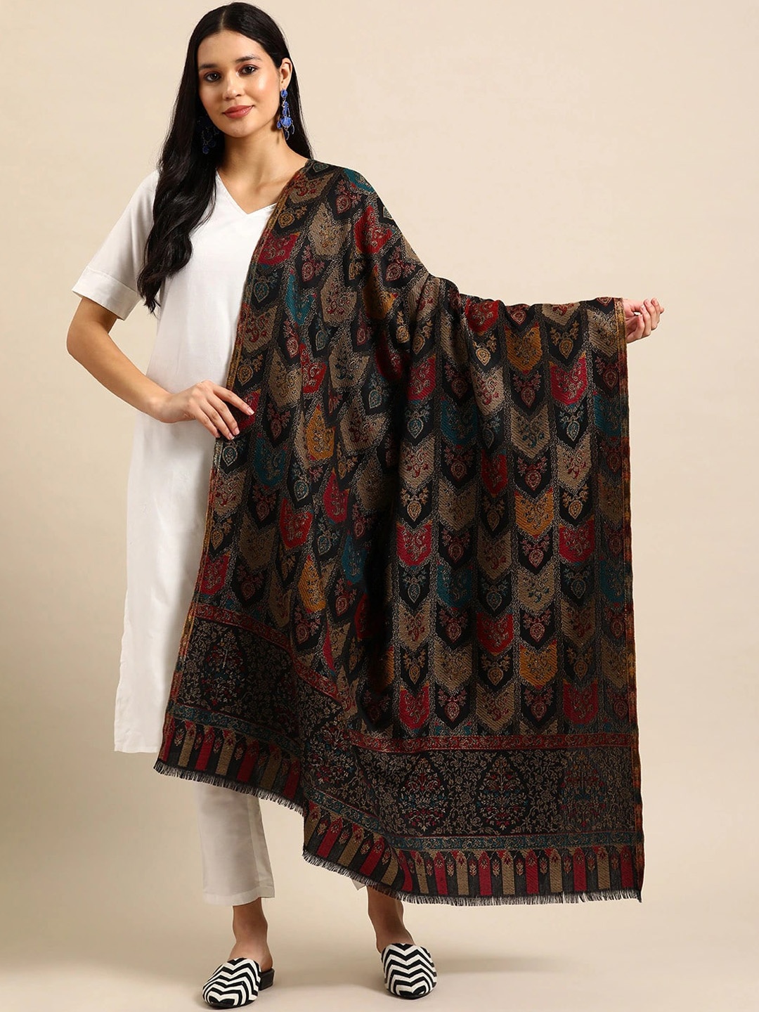 

Sangria Black Ethnic Motifs Woven Design Shawl