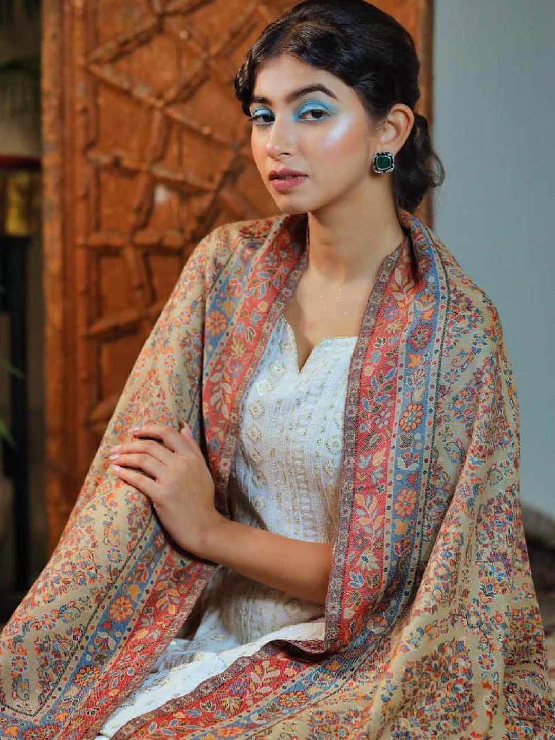 

Sangria Beige Ethnic Motifs Woven Design Shawl