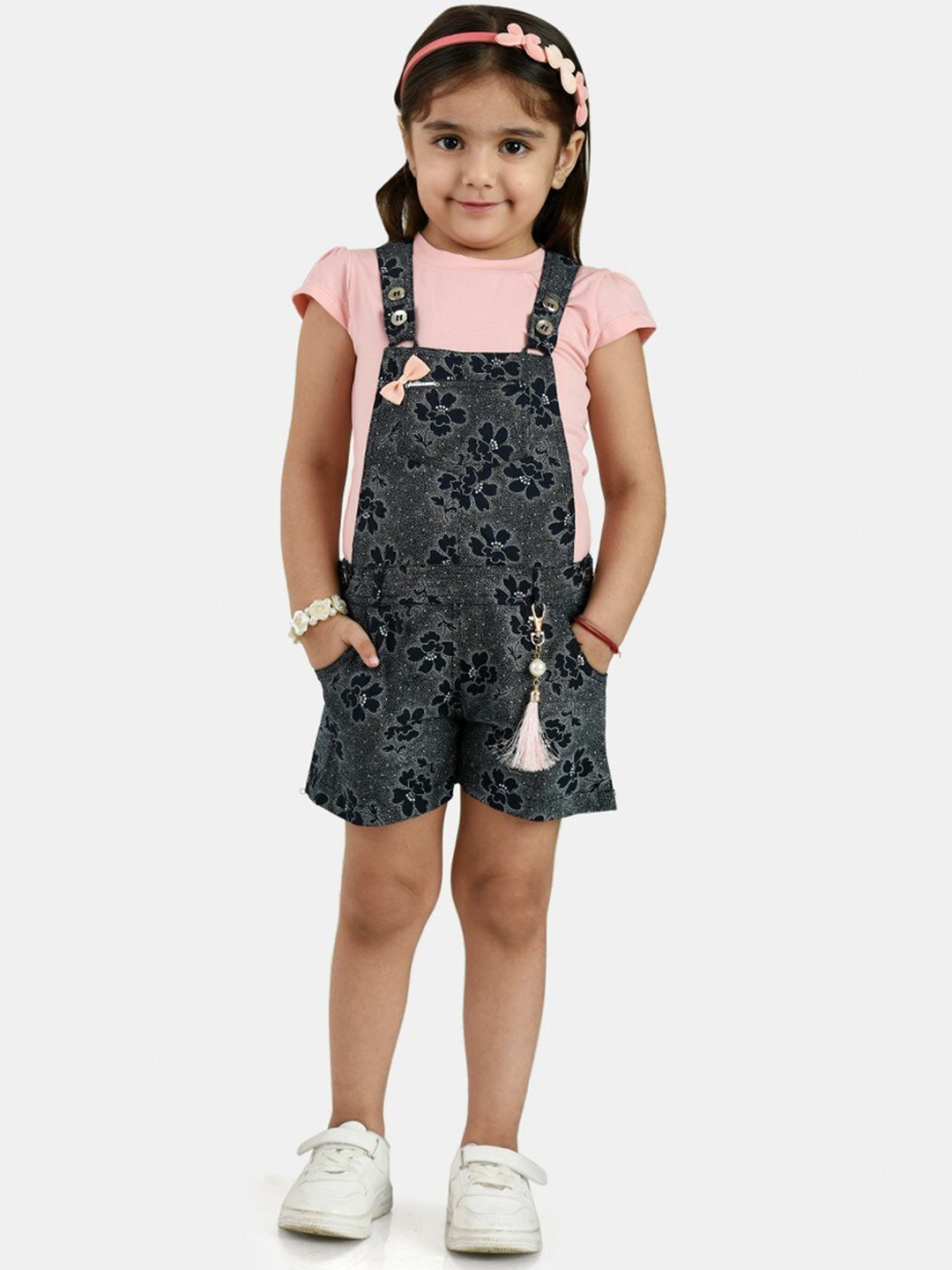 

Peppermint Girls Floral Printed Dungarees, Black
