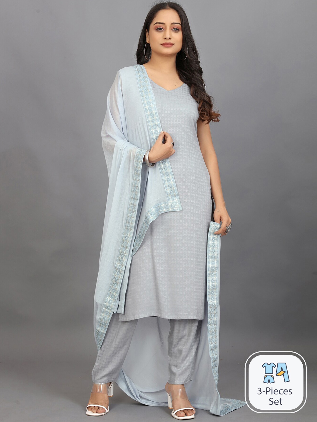 

Pari THE FASHION STUDIO Geometric Woven Design Kurta with Trousers & Dupatta, Silver