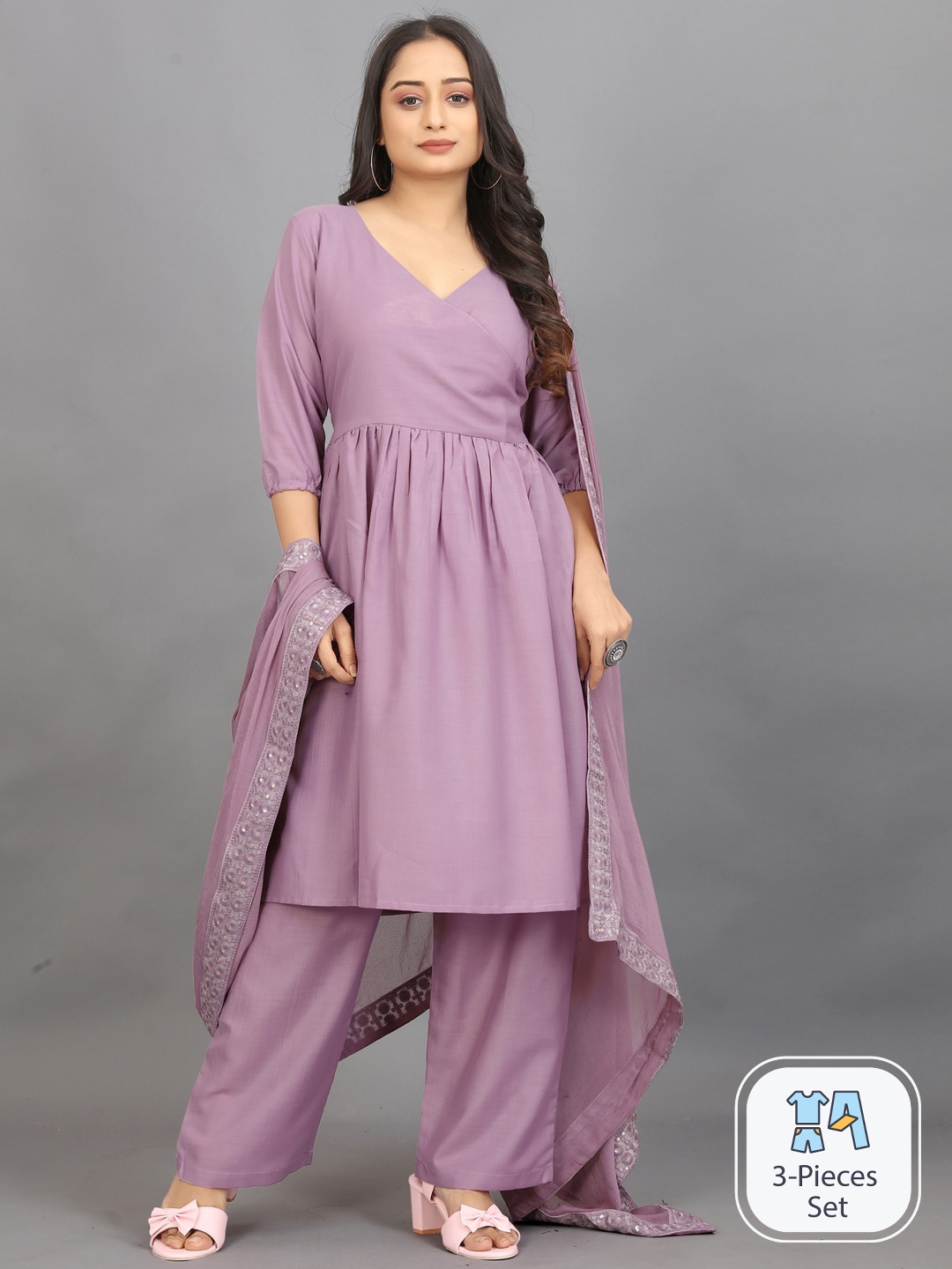 

Pari THE FASHION STUDIO V-Neck Kurta with Palazzos & Dupatta, Purple