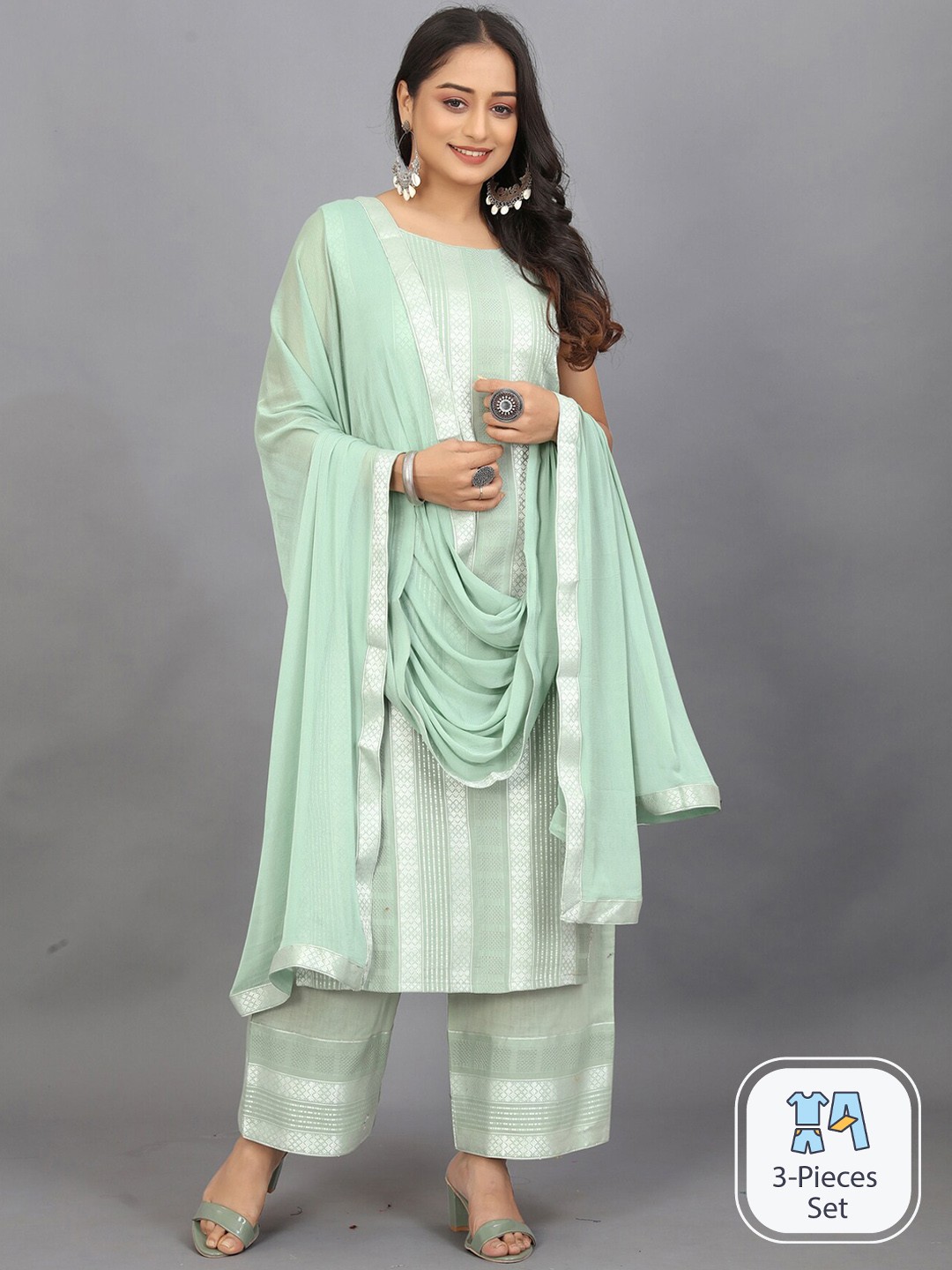 

Pari THE FASHION STUDIO Striped Regular Pure Cotton Kurta with Palazzos & Dupatta, Green