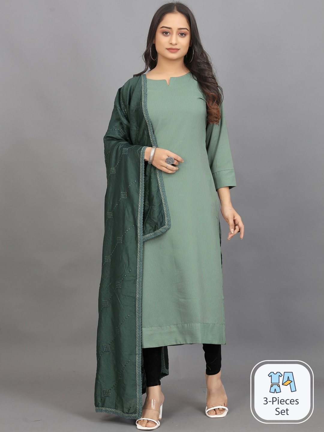 

Pari THE FASHION STUDIO Striped Cotton Silk Straight Kurta With Dupatta, Green