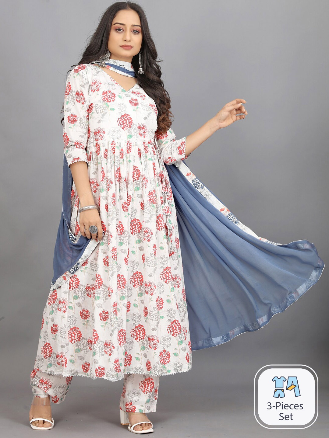 

Pari THE FASHION STUDIO Floral Printed Angrakha Pure Cotton Kurta with Palazzos & Dupatta, White