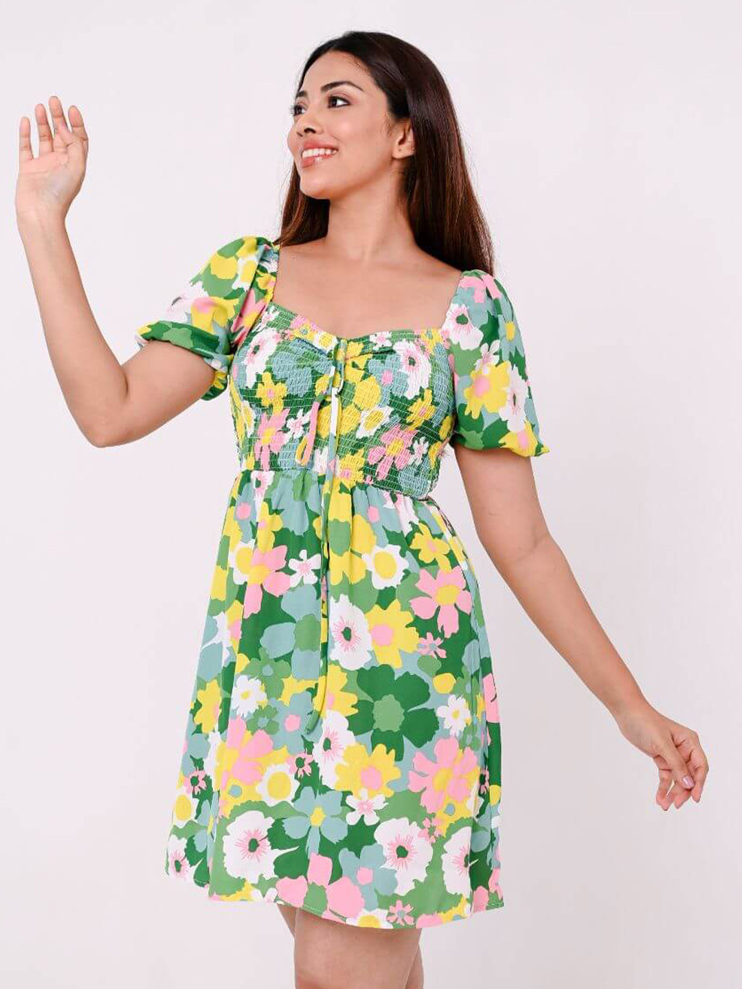 

FancyPants Floral Printed Square Neck Puff Sleeves Smocked Fit & Flare Dress, Green