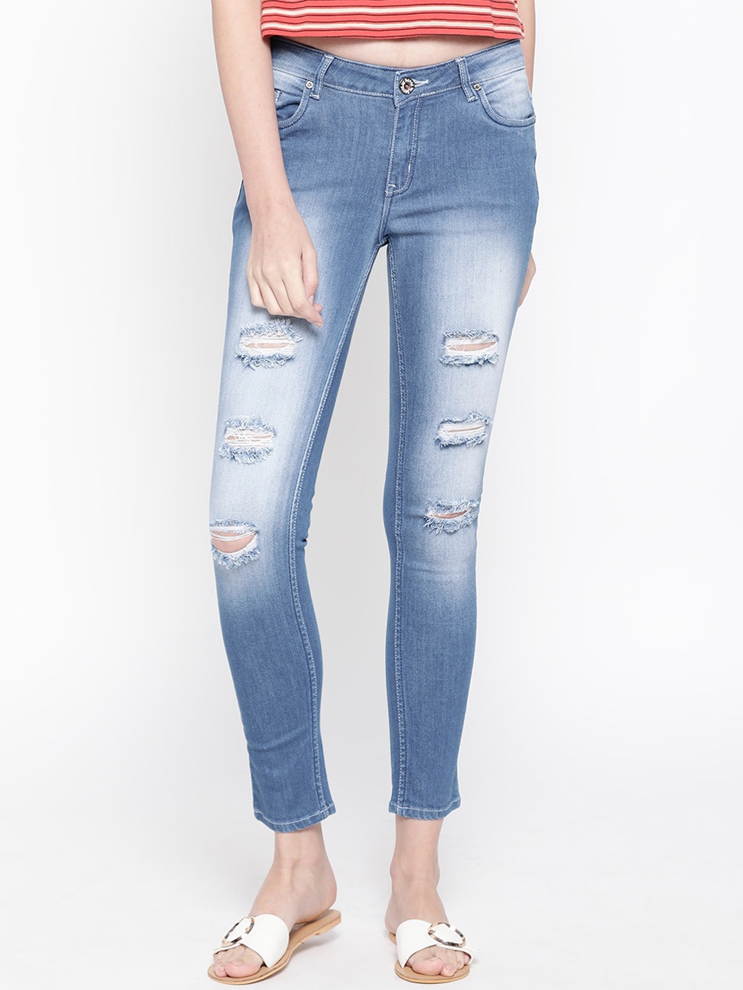 

urSense Women Slim Fit Highly Distressed Light Fade Stretchable Jeans, Blue