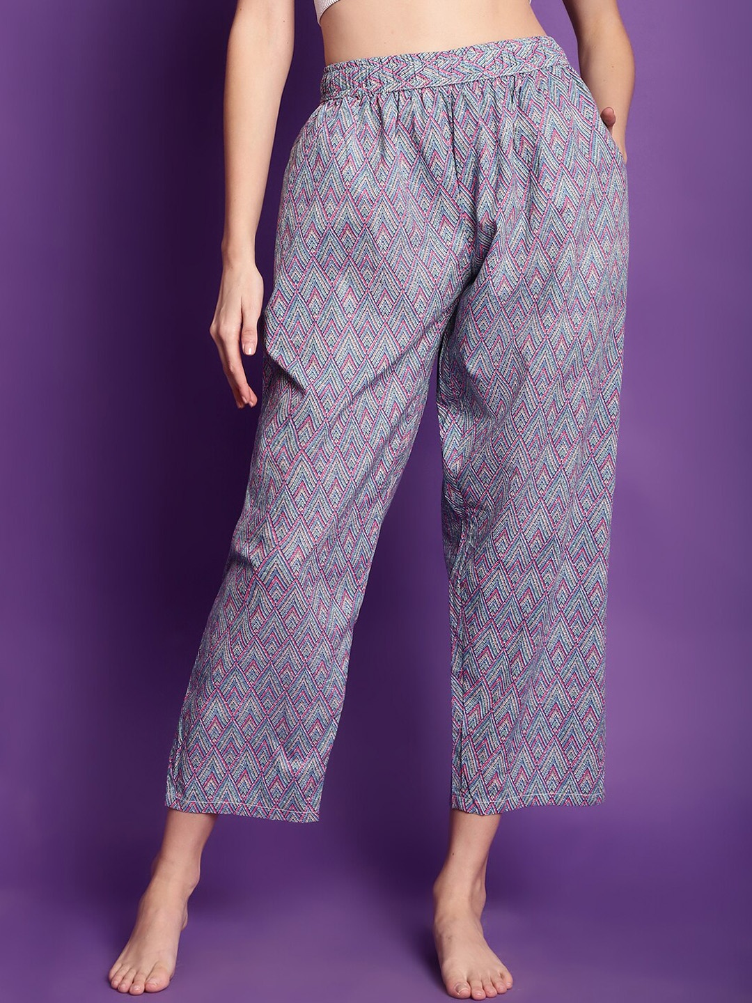

TAG 7 Women Geometric Printed Cotton Lounge Pant, Blue