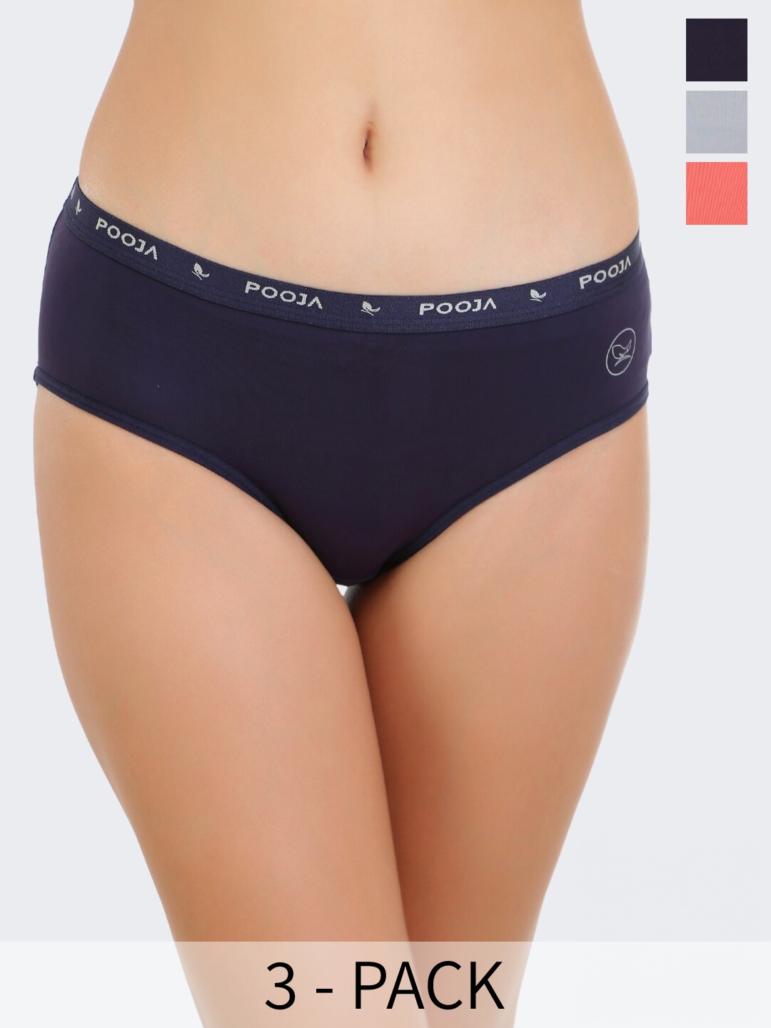 

POOJA RAGENEE Pack Of 3 Ribbed Hipster Briefs, Navy blue