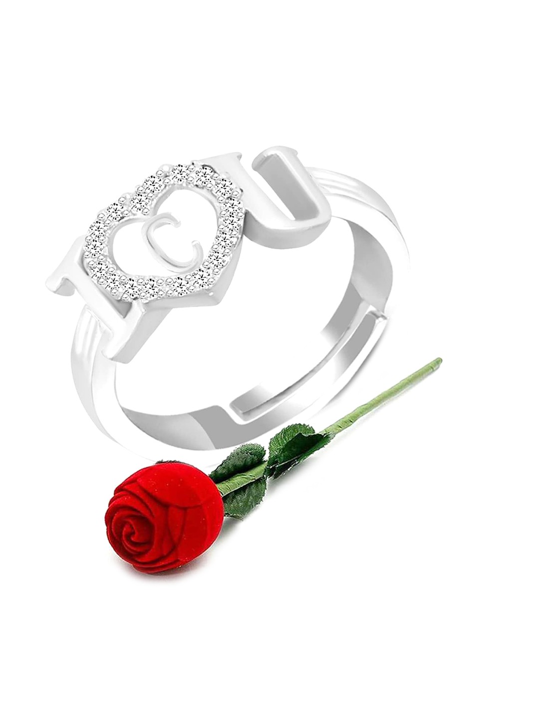 

MEENAZ Stainless Steel Silver-Plated C-Alphabet Finger Ring With Rose Box