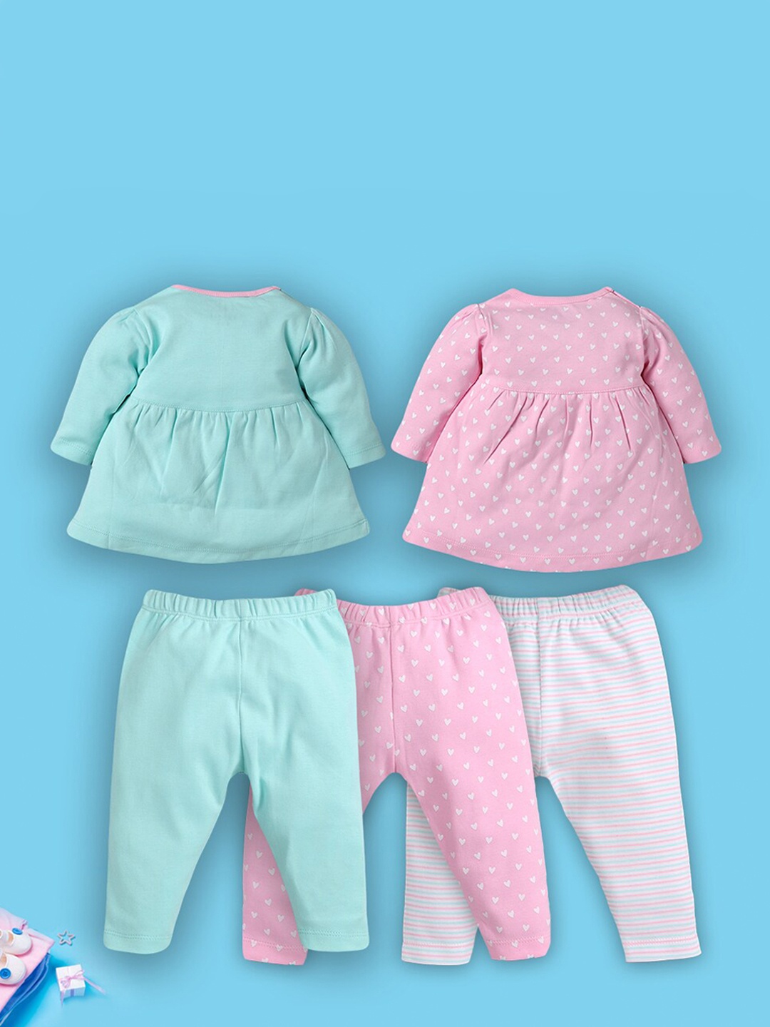 

BABY GO Girls Pack Of 5 Printed Cotton Top with Pyjamas, Pink