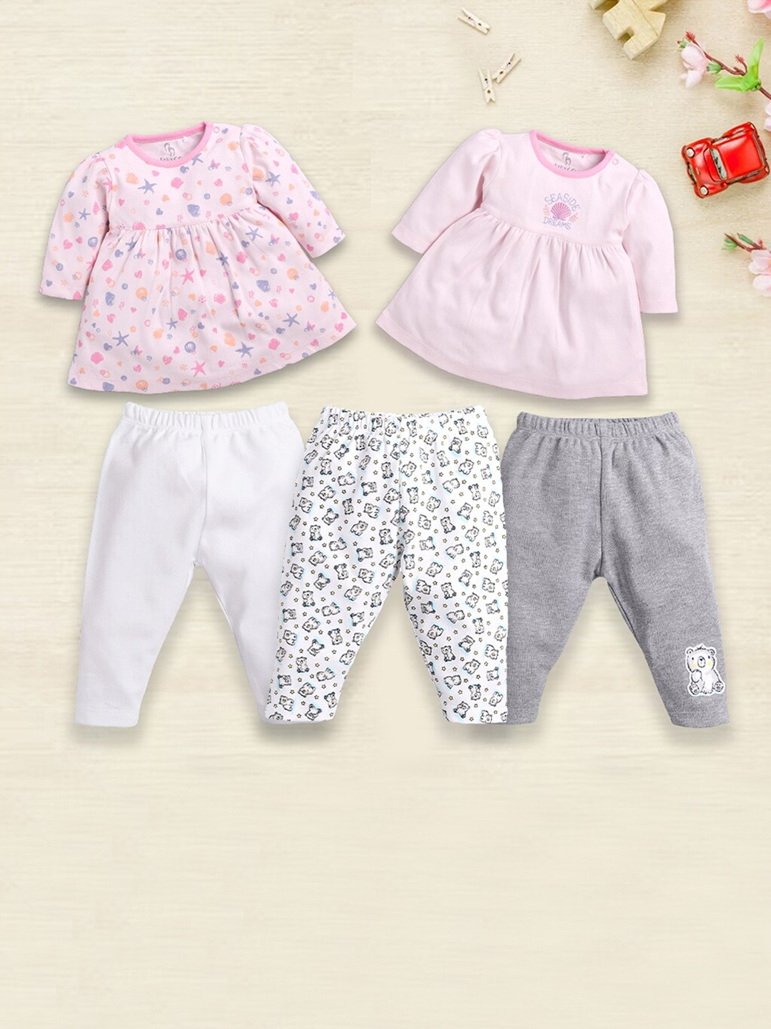 

BABY GO Girls Pack Of 5 Printed Cotton Top with Pyjamas, Off white