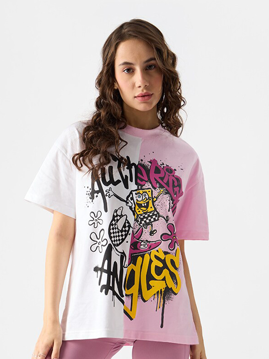 

The Souled Store Spongebob Printed Drop Shoulder Sleeves Oversized Pure Cotton T-shirt, Pink