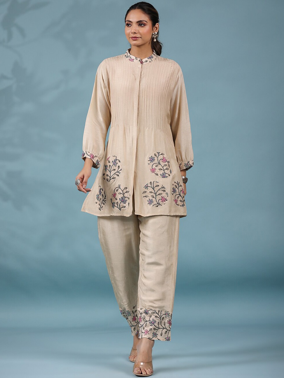 

PRATAP SONS Floral Embroidered Tunic With Trousers, Cream