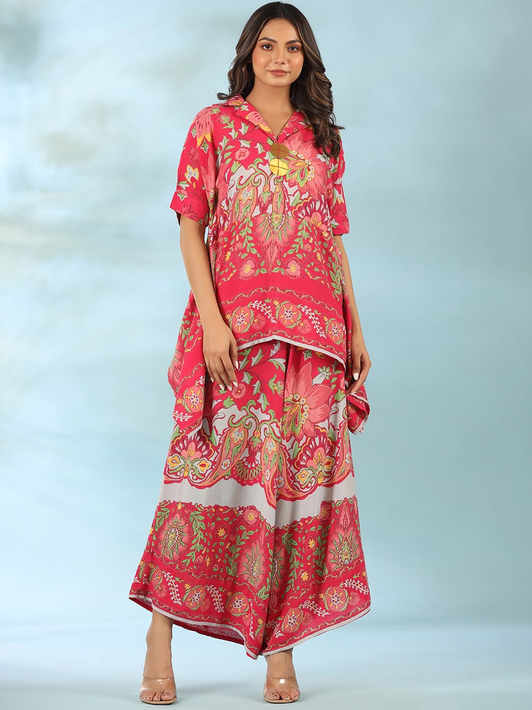 

PRATAP SONS Printed Tunic With Palazzos, Pink