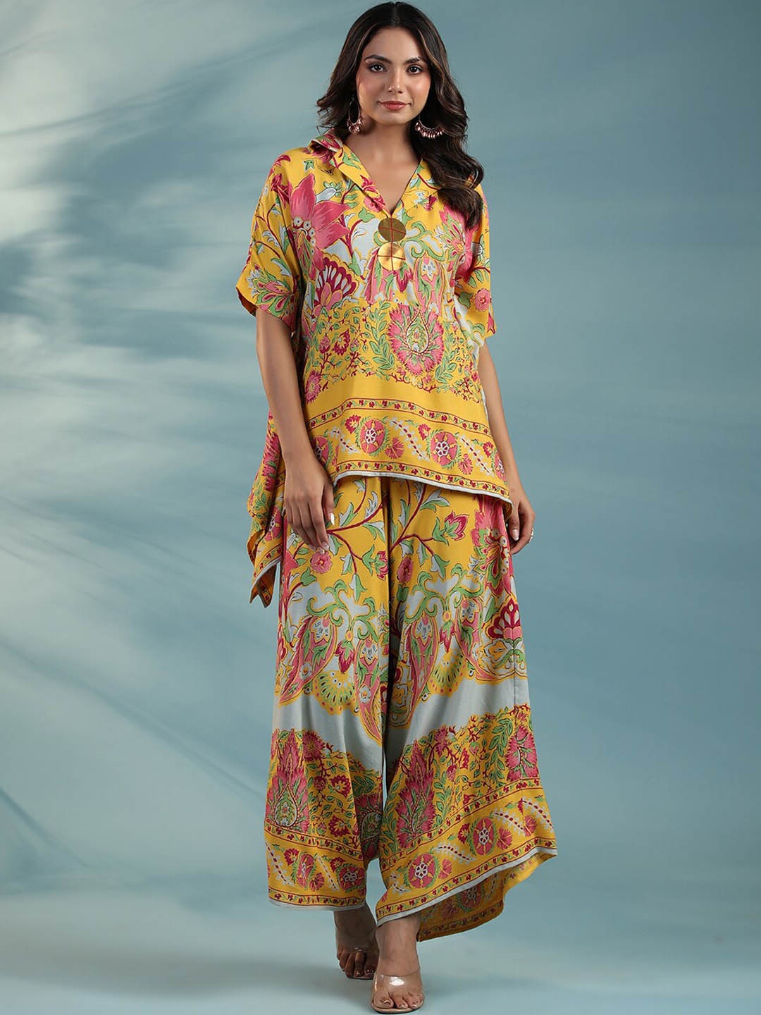 

PRATAP SONS Printed Tunic With Palazzos, Yellow