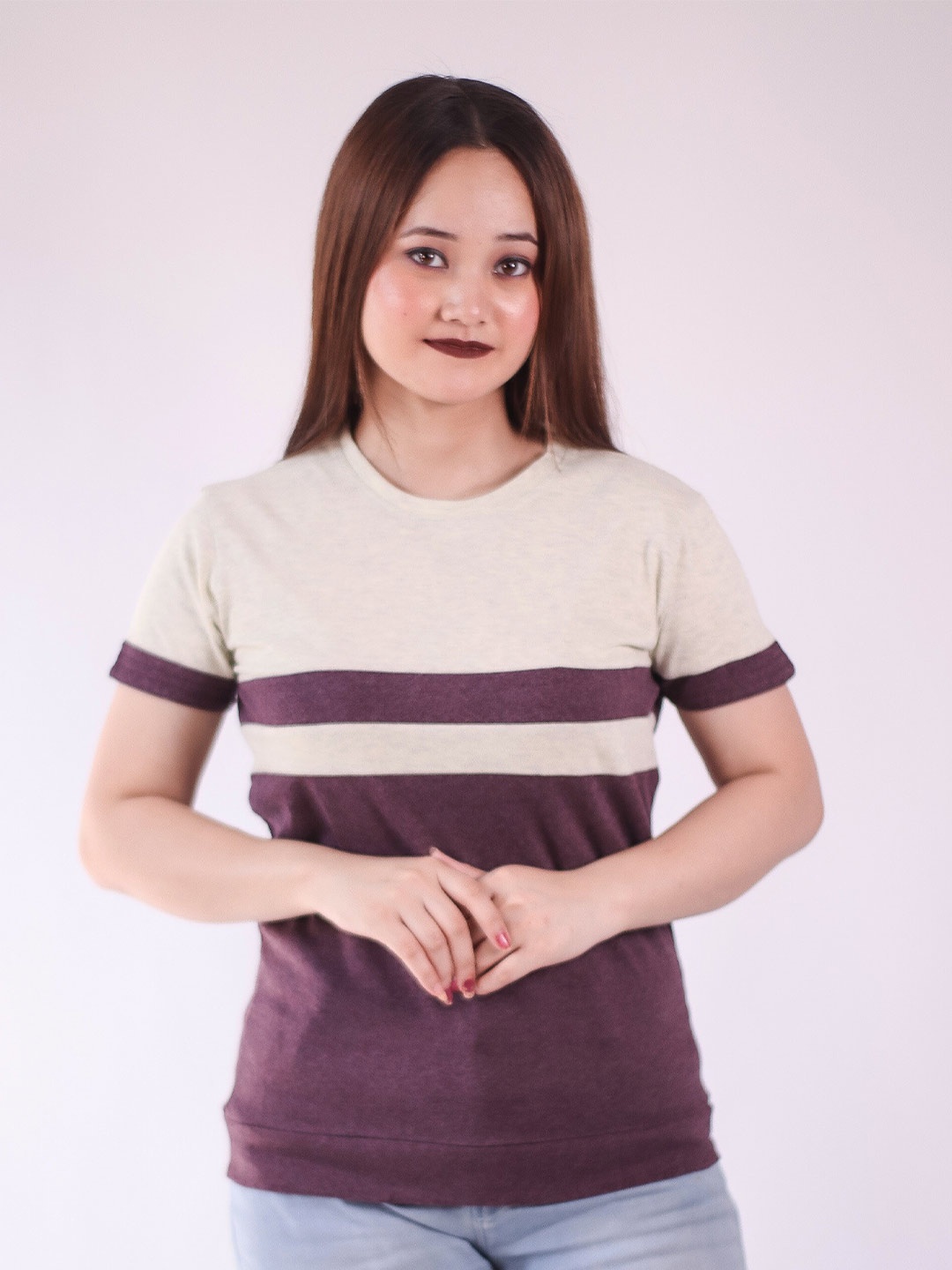 

Fasha Women Colourblocked Round Neck Cotton Casual T-shirt, Purple