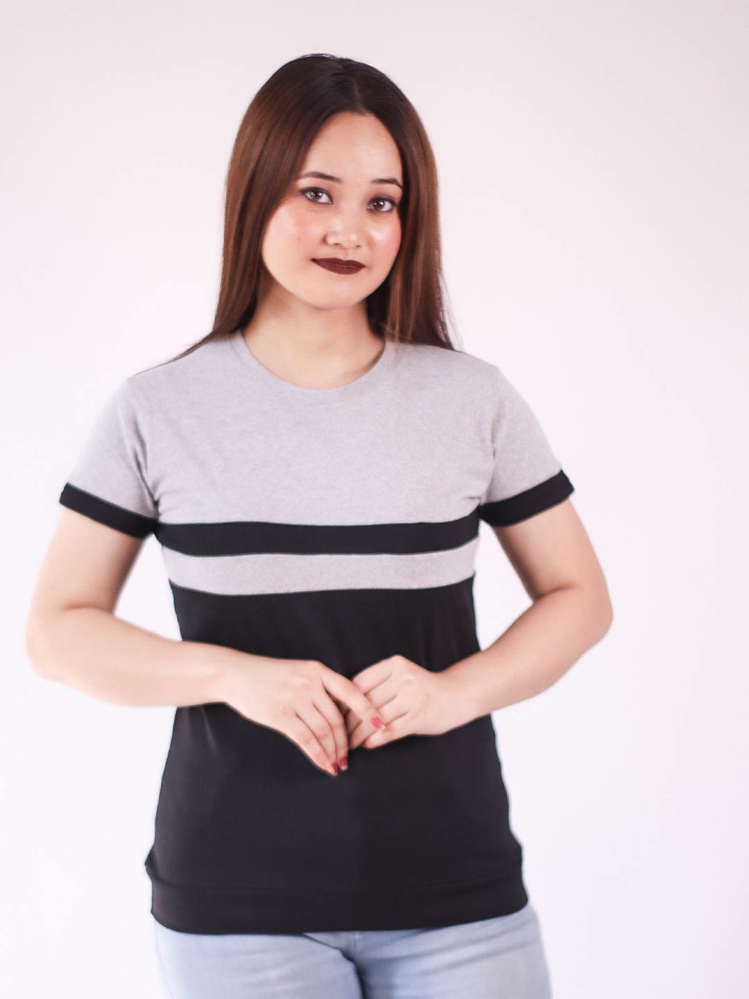 

Fasha Women Colourblocked Round Neck Cotton Casual T-shirt, Grey