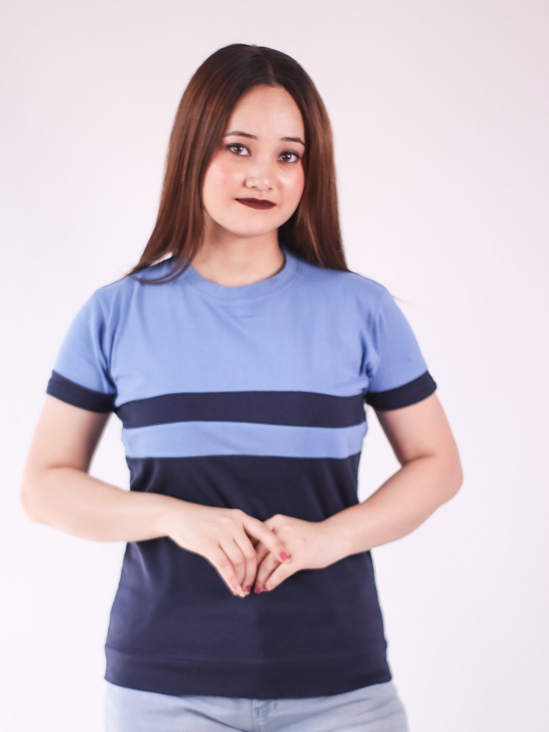 

Fasha Women Colourblocked Round Neck Cotton Casual T-shirt, Navy blue