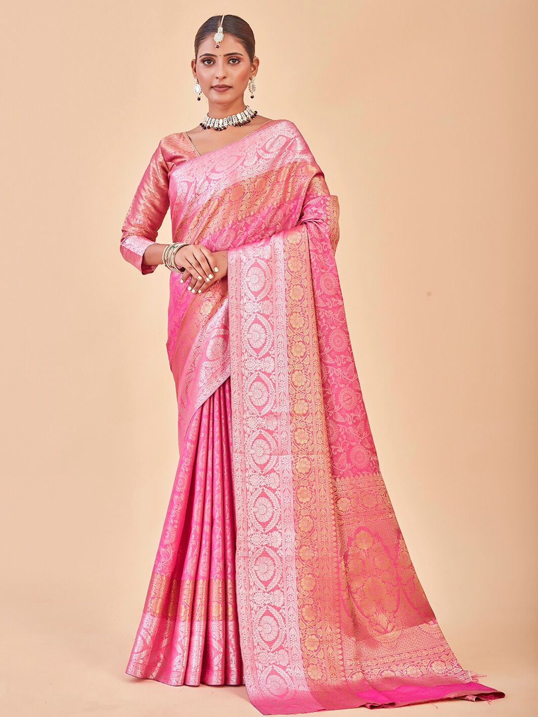 

Anouk Floral Woven Design Zari Kanjeevaram Saree, Pink