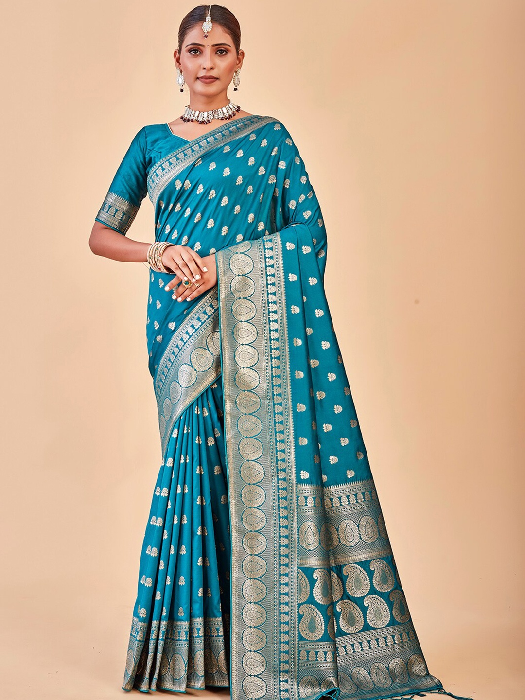 

Anouk Ethnic Motifs Woven Design Zari Banarasi Saree, Turquoise blue