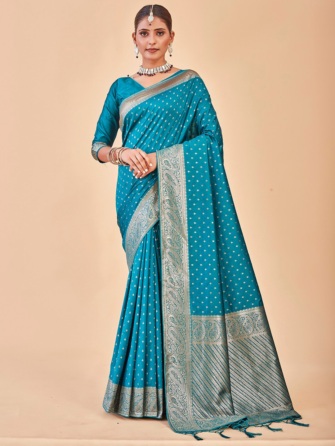 

Anouk Ethnic Motifs Woven Design Zari Banarasi Saree, Turquoise blue