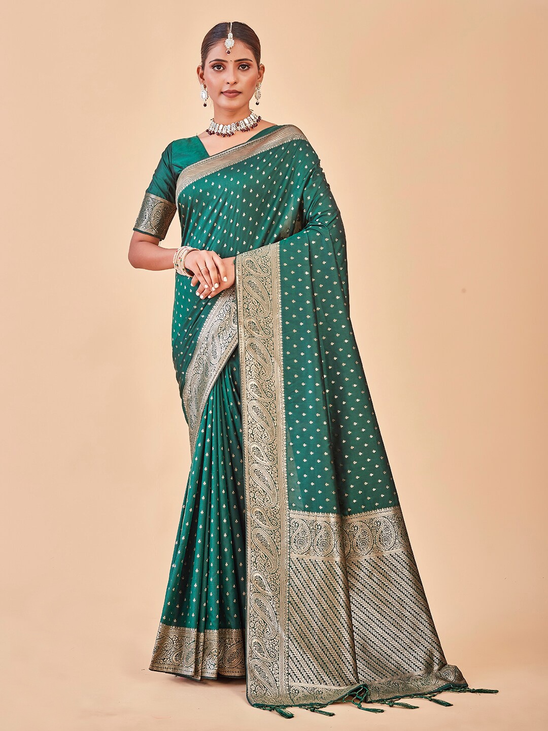 

Anouk Ethnic Motifs Woven Design Zari Banarasi Saree, Green