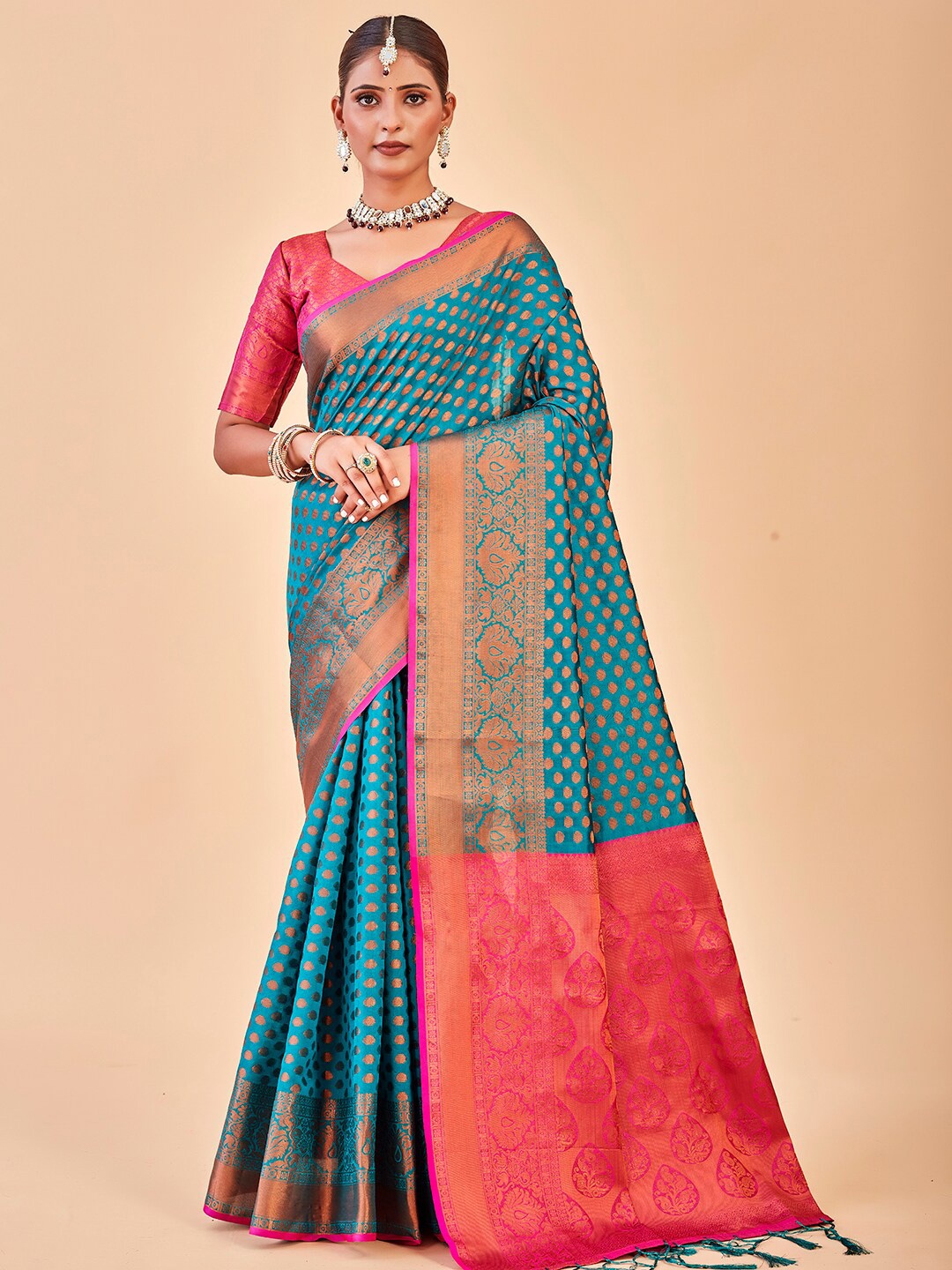 

Anouk Ethnic Motifs Woven Design Zari Banarasi Saree, Turquoise blue